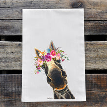 Load image into Gallery viewer, Donkey Tea Towel &#39;Snickers&#39;, Bright Blooms Flower Crown, Spring Decor
