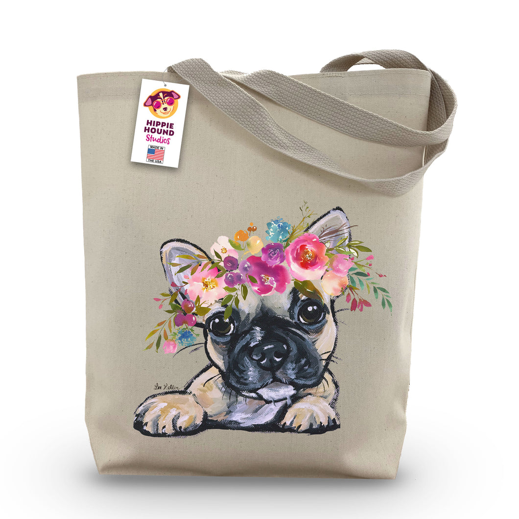 French Bulldog Tote Bag, Bright Blooms Flower Crown, Spring Tote Bag