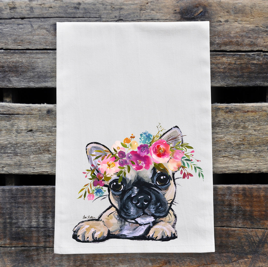 French Bulldog Tea Towel, Bright Blooms Flower Crown, Spring Decor