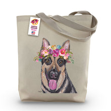 Load image into Gallery viewer, German Shepherd Tote Bag, Bright Blooms Flower Crown, Spring Tote Bag
