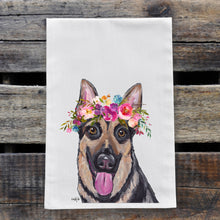 Load image into Gallery viewer, German Shepherd Tea Towel, Bright Blooms Flower Crown, Spring Decor
