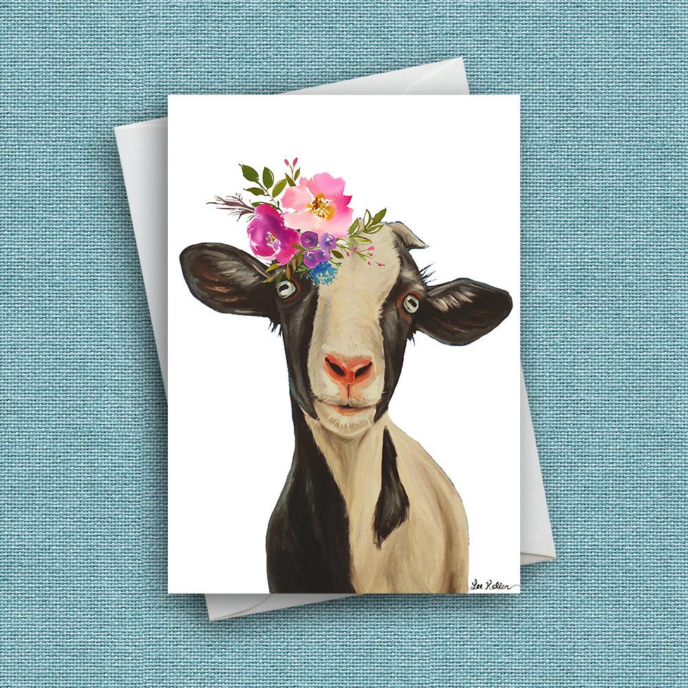 Bright Blooms Goat Greeting Card 'Luna', Cute Goat Greeting Card