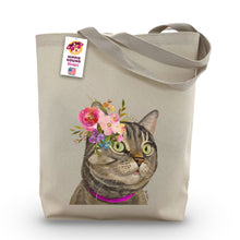 Load image into Gallery viewer, Grey Tabby Cat Tote Bag, Bright Blooms Flower Crown , Spring Tote Bag
