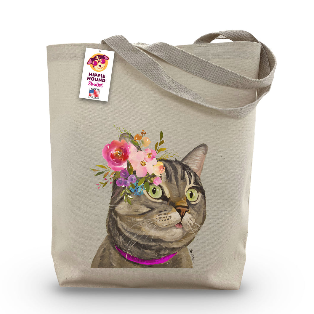 Grey Tabby Cat Tote Bag, Bright Blooms Flower Crown , Spring Tote Bag