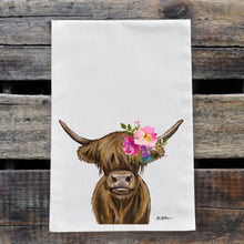 Load image into Gallery viewer, Highland Cow Tea Towel &#39;Penny&#39;, Bright Blooms Flower Crown, Spring Decor
