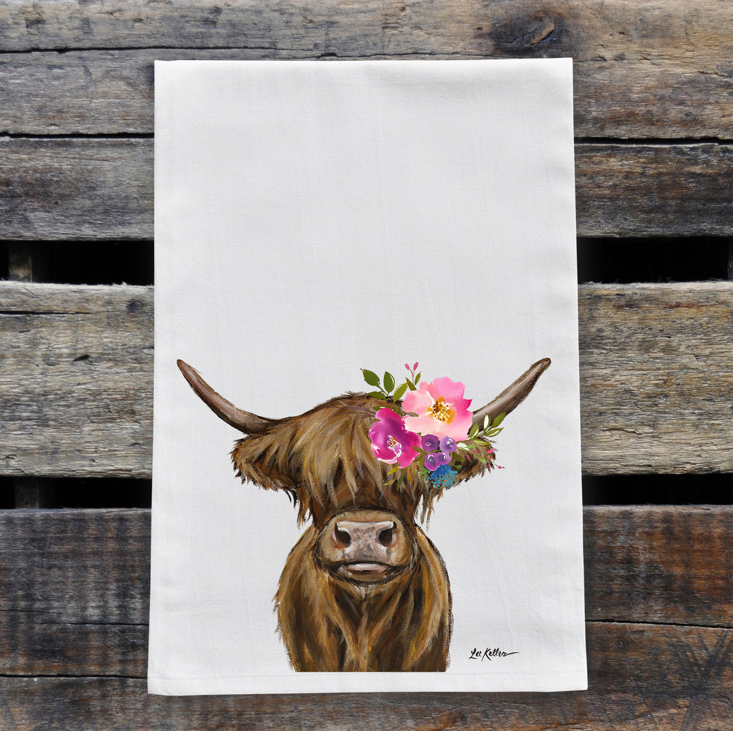 Highland Cow Tea Towel 'Penny', Bright Blooms Flower Crown, Spring Decor