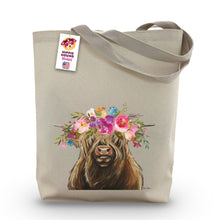 Load image into Gallery viewer, Highland Cow Tote Bag &#39;Shamus&#39;, Bright Blooms Flower Crown, Spring Tote Bag
