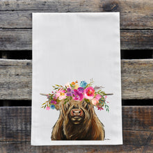 Load image into Gallery viewer, Highland Cow Tea Towel &#39;Shamus&#39;, Bright Blooms Flower Crown, Spring Decor

