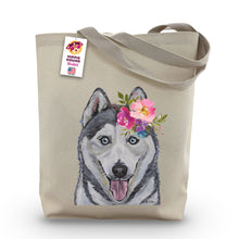 Load image into Gallery viewer, Husky Tote Bag, Bright Blooms Flower Crown, Spring Tote Bag
