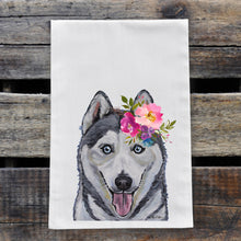 Load image into Gallery viewer, Husky Tea Towel, Bright Blooms Flower Crown, Spring Decor
