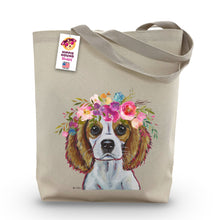 Load image into Gallery viewer, King Charles Spaniel Tote Bag, Bright Blooms Flower Crown, Spring Tote Bag
