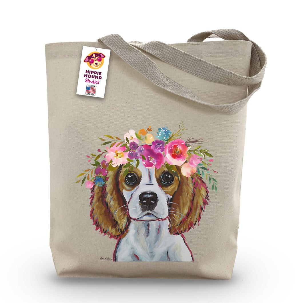 King Charles Spaniel Tote Bag, Bright Blooms Flower Crown, Spring Tote Bag