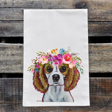 Load image into Gallery viewer, King Charles Spaniel Tea Towel, Bright Blooms Flower Crown, Spring Decor

