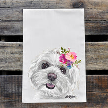 Load image into Gallery viewer, Maltese Tea Towel, Bright Blooms Flower Crown, Spring Decor
