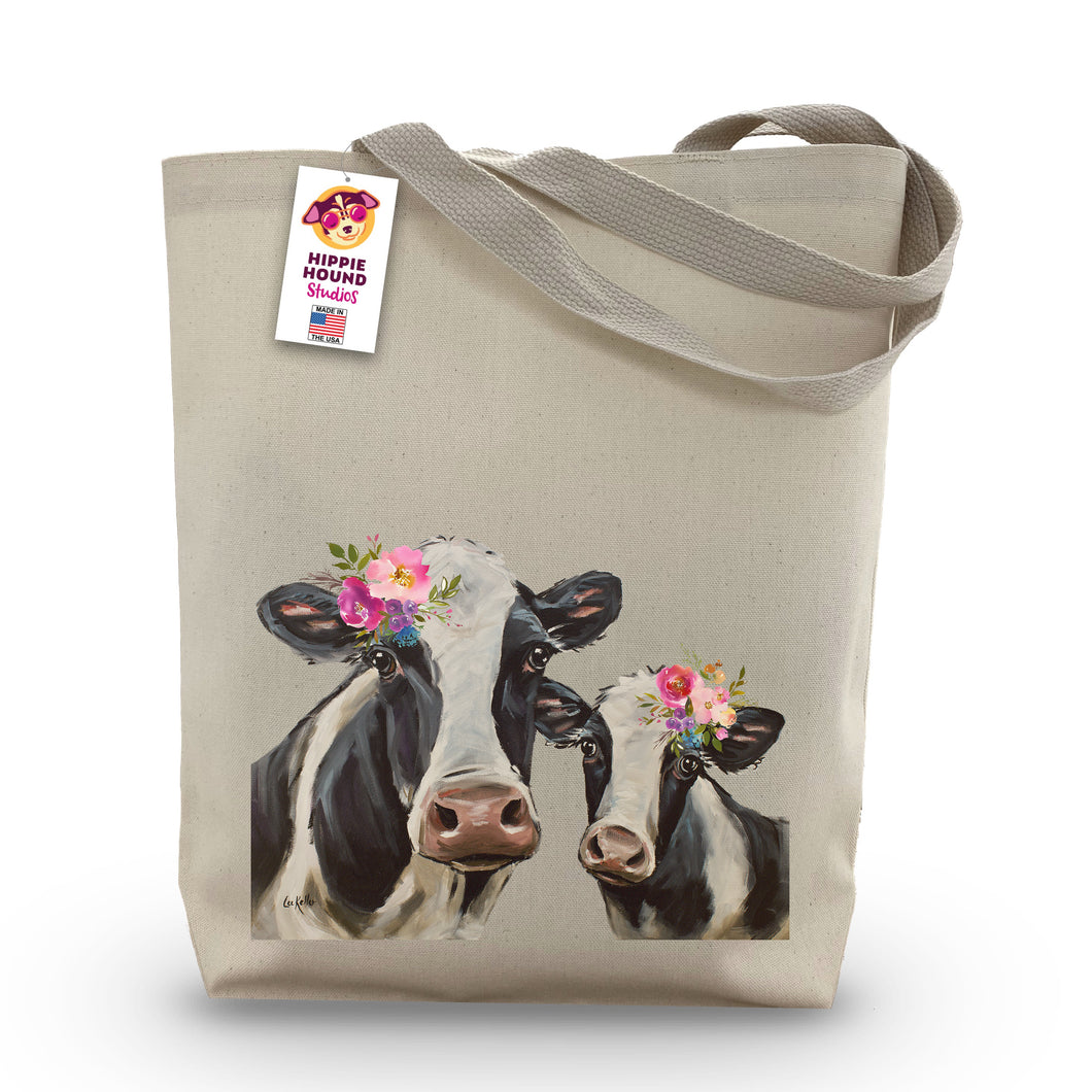 Cow Tote Bag 'Mom & Baby', Bright Blooms Flower Crown, Spring Tote Bag