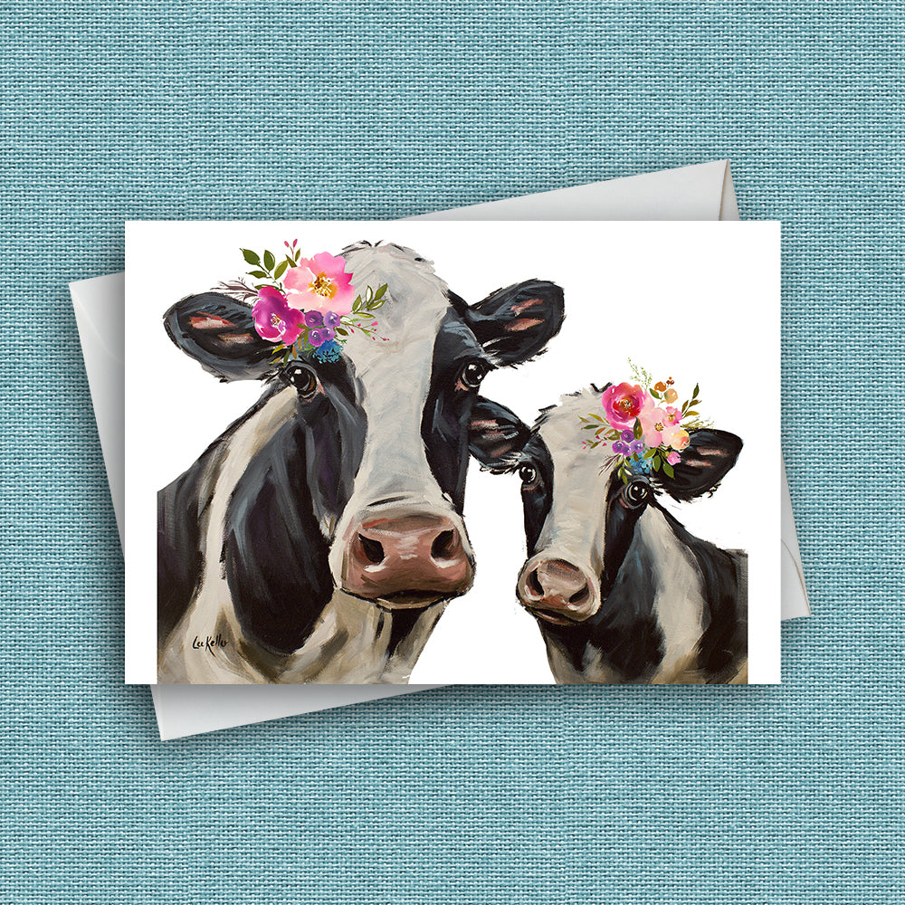 Bright Blooms Cow Greeting Card 'Mom & Baby', Cute Cow Greeting Card