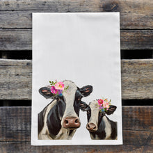 Load image into Gallery viewer, Cow Tea Towel &#39;Mom &amp; Baby&#39;, Bright Blooms Flower Crown, Spring Decor
