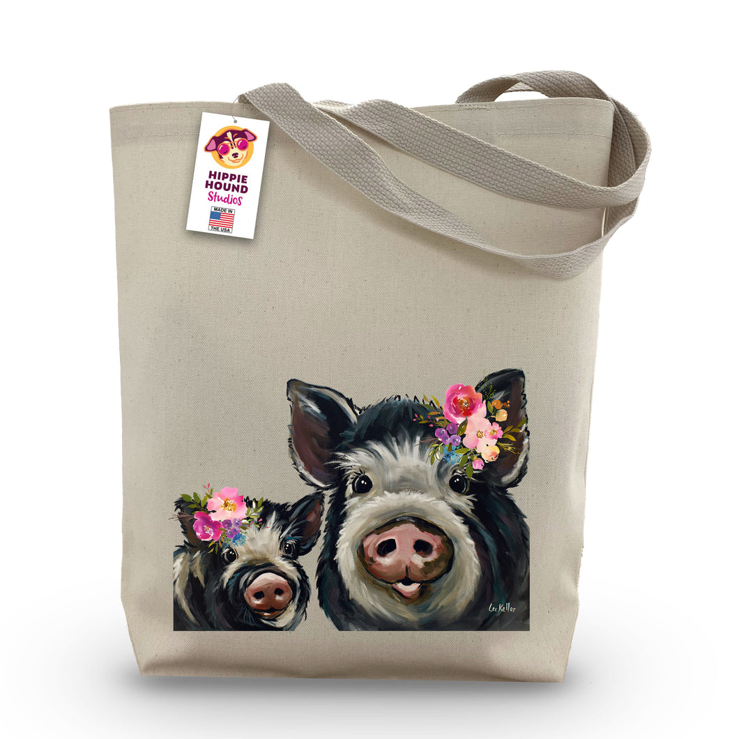 Pig Tote Bag 'Mom & Baby', Bright Blooms Flower Crown, Spring Tote Bag