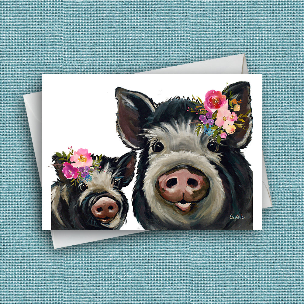Bright Blooms Pig Greeting Card 'Mom & Baby', Cute Pig Greeting Card