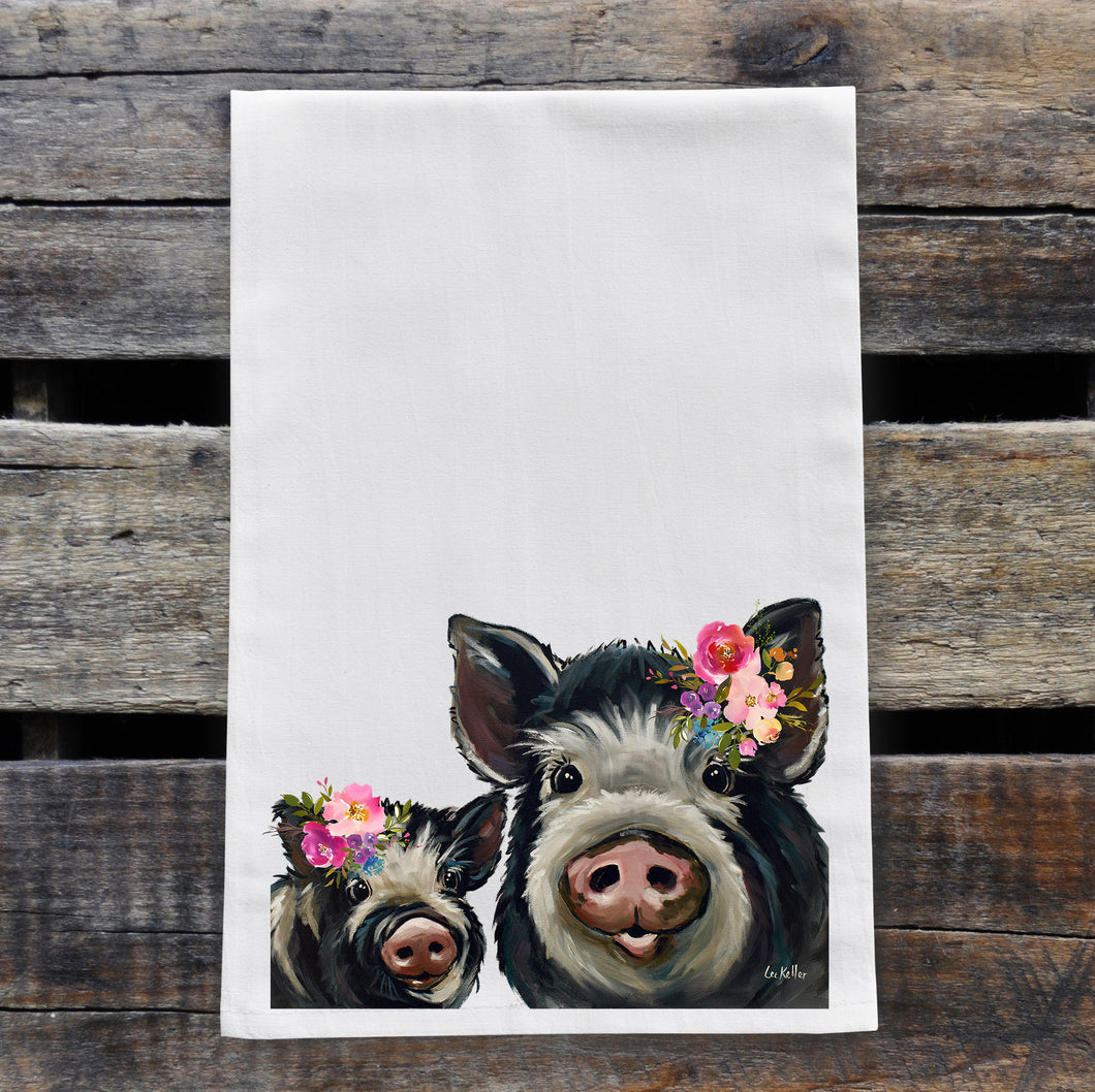 Pig Tea Towel 'Mom & Baby', Bright Blooms Flower Crown, Spring Decor