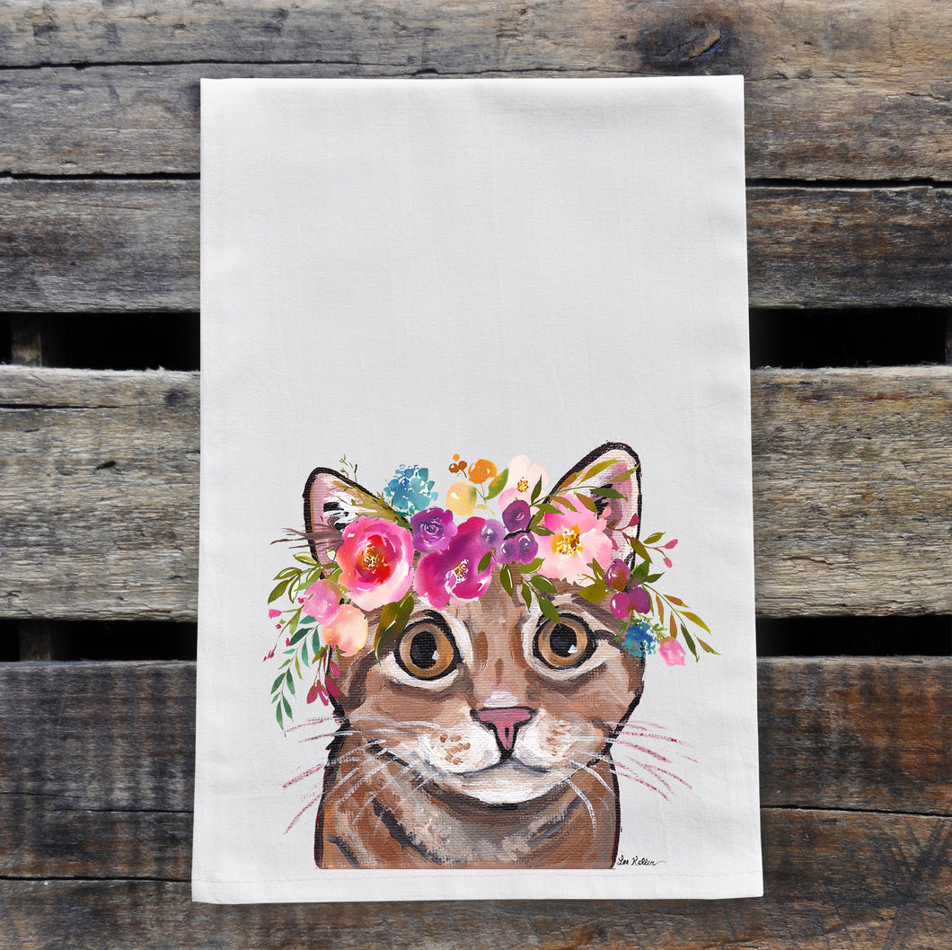Orange Tabby Cat Tea Towel, Bright Blooms Flower Crown, Spring Decor