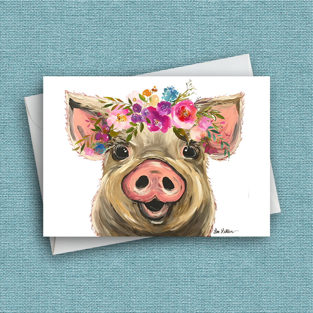 Bright Blooms Pig Greeting Card 'Posey', Cute Pig Greeting Card