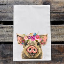 Load image into Gallery viewer, Pig Tea Towel &#39;Posey&#39;, Bright Blooms Flower Crown, Spring Decor
