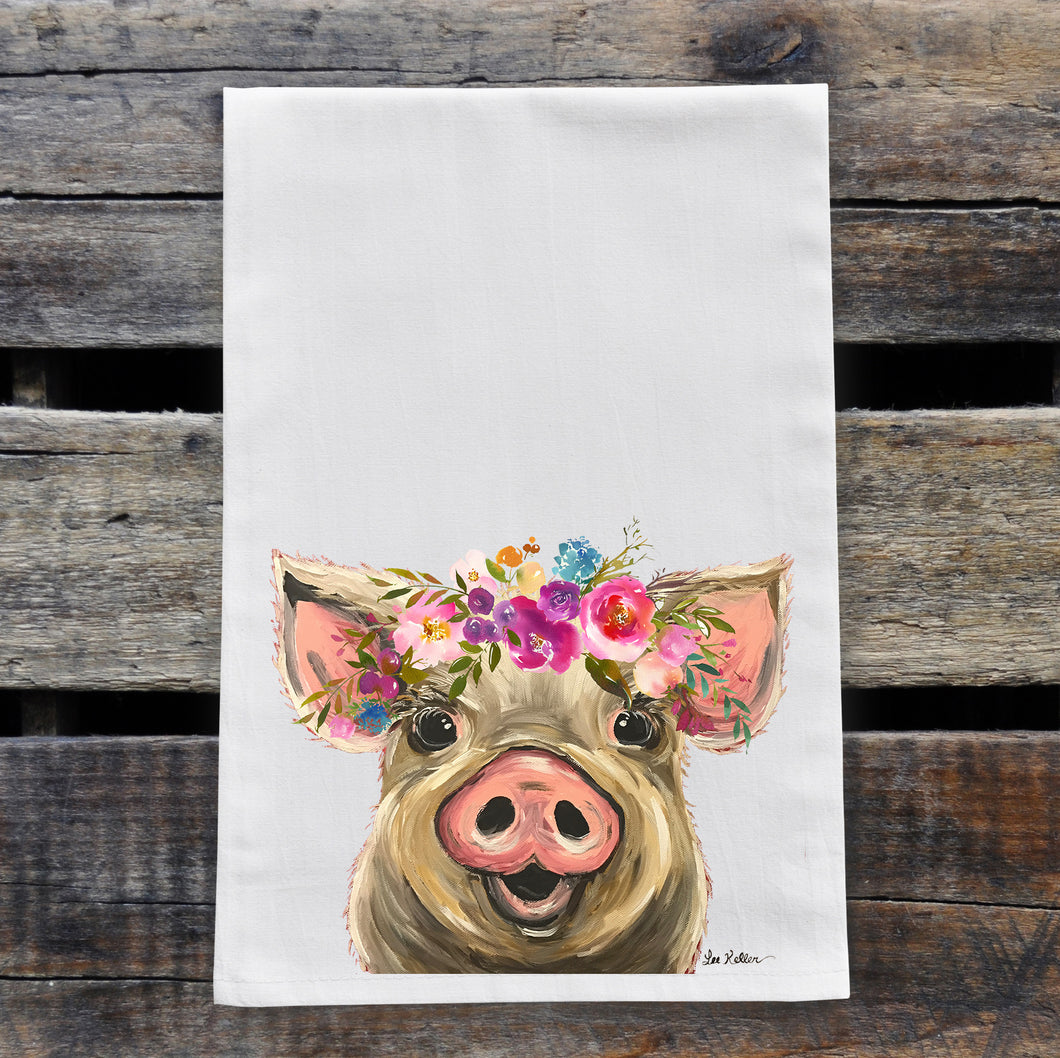 Pig Tea Towel 'Posey', Bright Blooms Flower Crown, Spring Decor