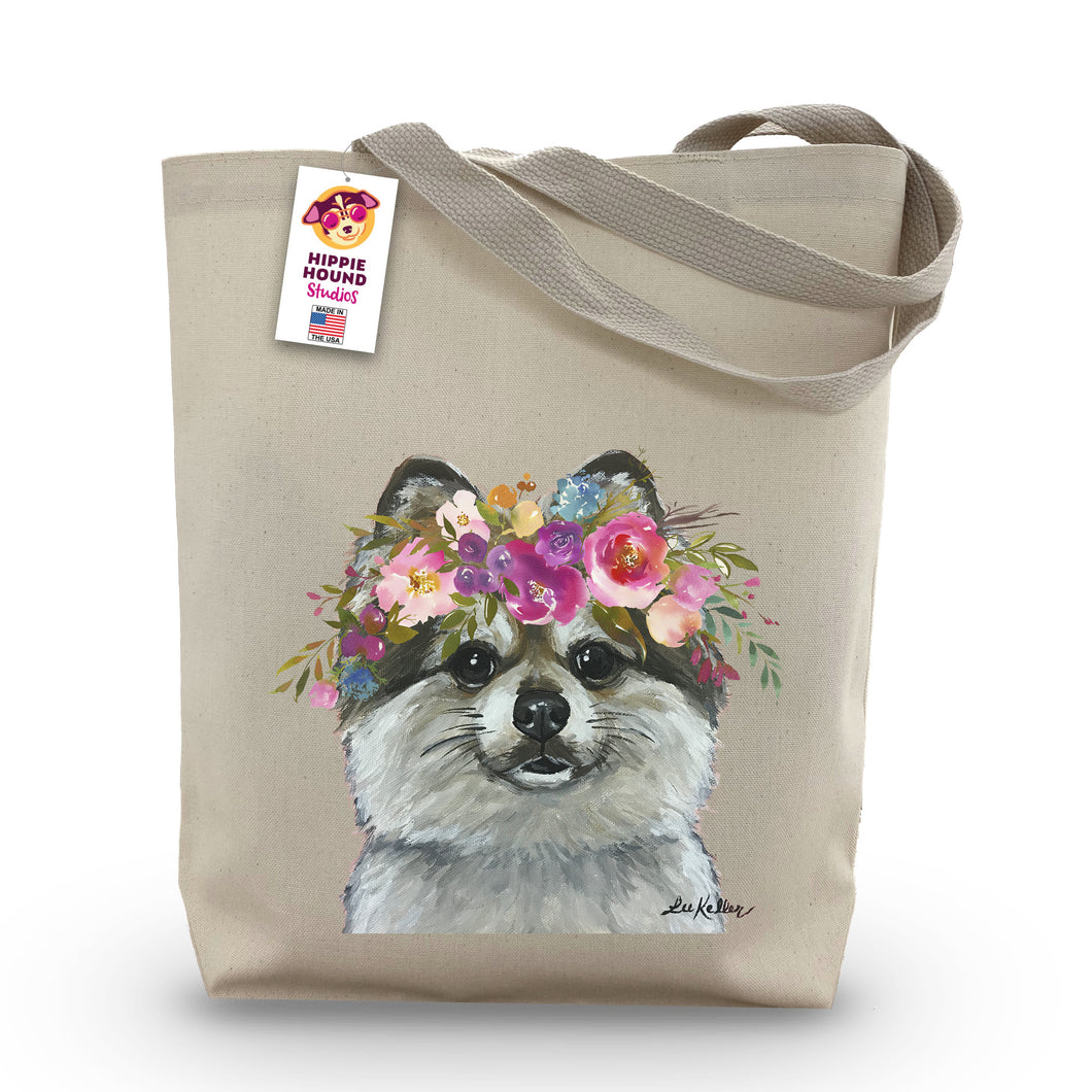Pomeranian Tote Bag, Bright Blooms Flower Crown, Spring Tote Bag