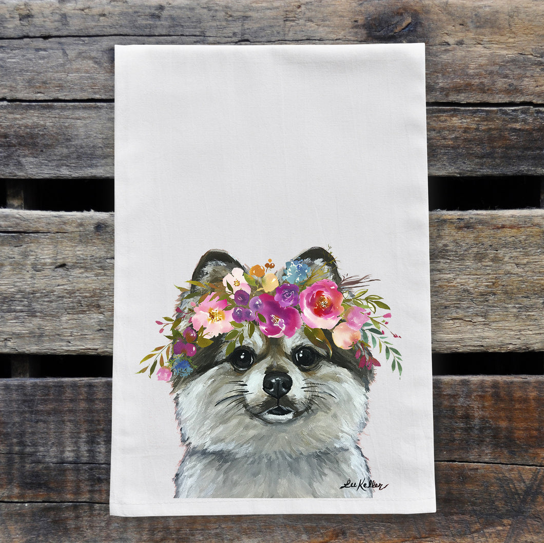 Pomeranian Tea Towel, Bright Blooms Flower Crown, Spring Decor