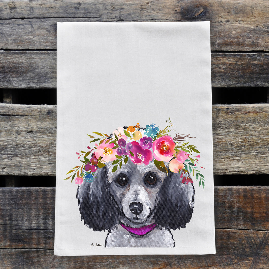 Poodle Tea Towel, Bright Blooms Flower Crown, Spring Decor