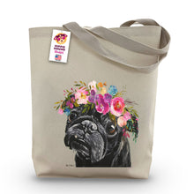 Load image into Gallery viewer, Black Pug Tote Bag, Bright Blooms Flower Crown, Spring Tote Bag
