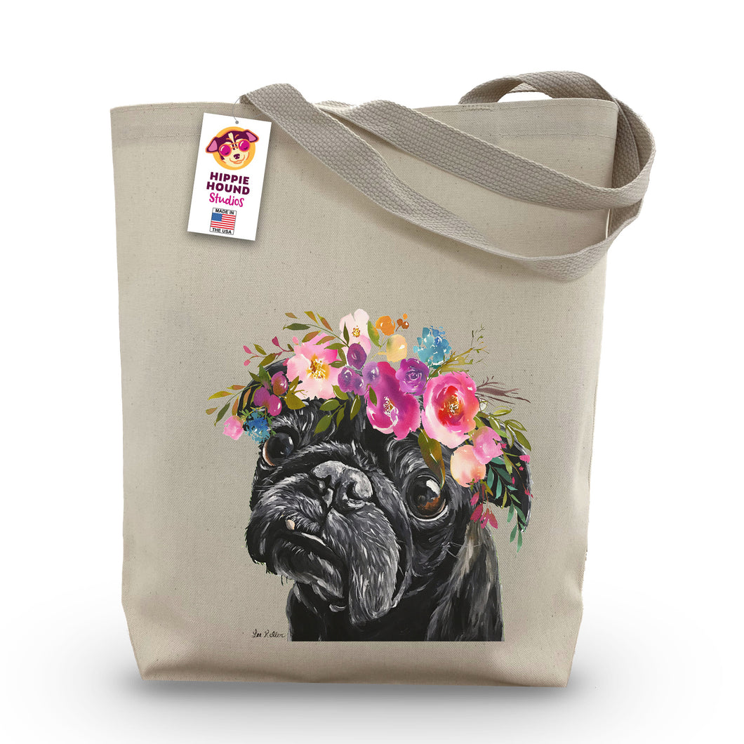 Black Pug Tote Bag, Bright Blooms Flower Crown, Spring Tote Bag