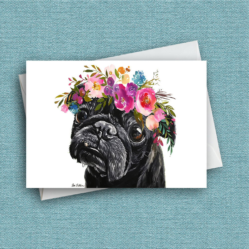 Bright Blooms Greeting Card 'Black Pug', Dog Greeting Card