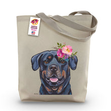 Load image into Gallery viewer, Rottweiler Tote Bag, Bright Blooms Flower Crown, Spring Tote Bag
