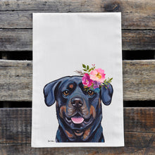Load image into Gallery viewer, Rottweiler Tea Towel, Bright Blooms Flower Crown, Spring Decor
