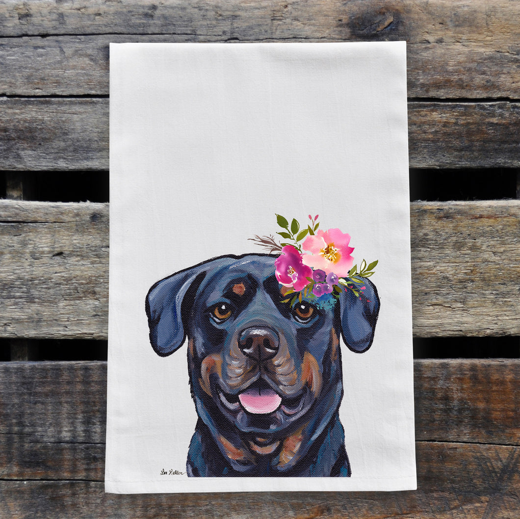 Rottweiler Tea Towel, Bright Blooms Flower Crown, Spring Decor