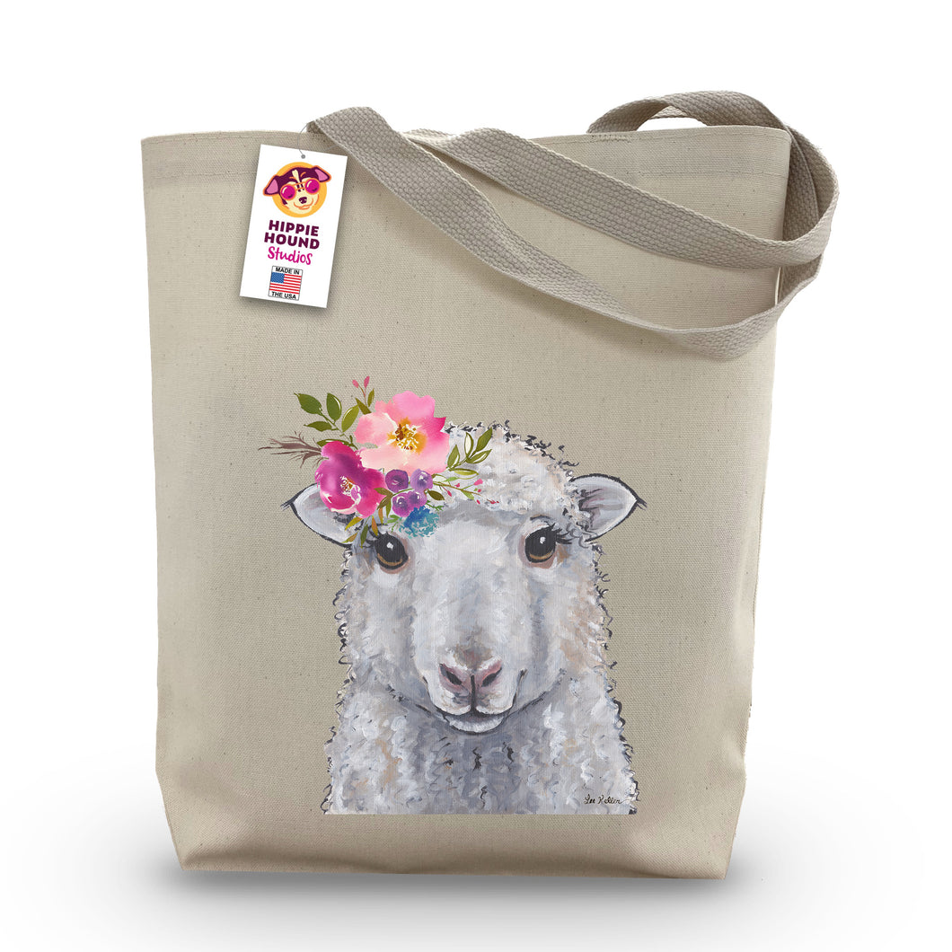 Sheep Tote Bag 'Stella', Bright Blooms Flower Crown, Spring Tote Bag