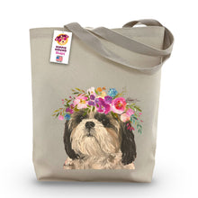 Load image into Gallery viewer, Shihtzu Tote Bag, Bright Blooms Flower Crown, Spring Tote Bag
