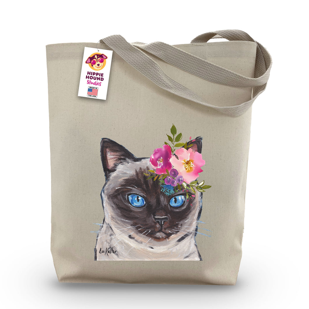 Siamese Cat Tote Bag, Bright Blooms Flower Crown , Spring Tote Bag