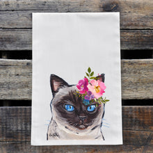 Load image into Gallery viewer, Siamese Cat Tea Towel, Bright Blooms Flower Crown, Spring Decor
