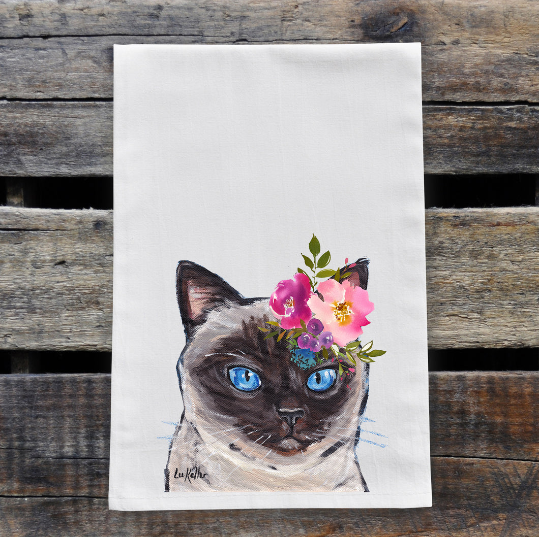 Siamese Cat Tea Towel, Bright Blooms Flower Crown, Spring Decor