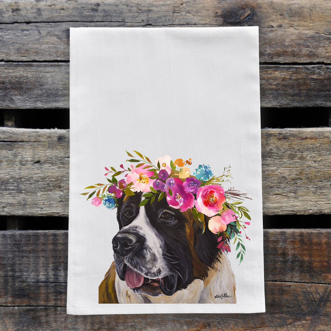 Saint Bernard Tea Towel, Bright Blooms Flower Crown, Spring Decor
