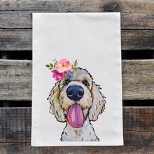 Load image into Gallery viewer, Golden Doodle Tea Towel, Bright Blooms Flower Crown, Spring Decor
