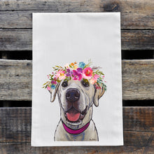 Load image into Gallery viewer, Yellow Lab Tea Towel, Bright Blooms Flower Crown, Spring Decor
