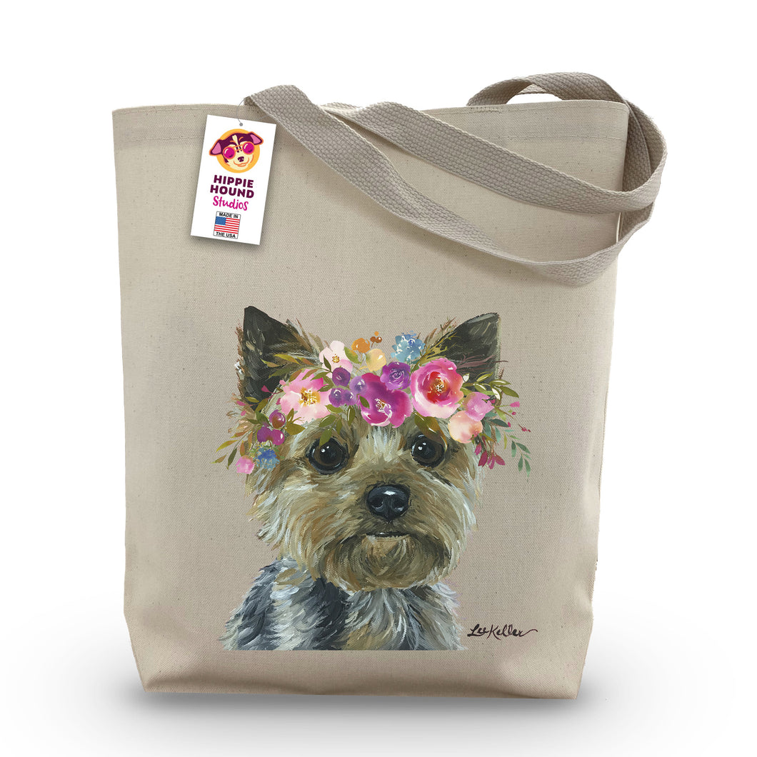 Yorkie Tote Bag, Bright Blooms Flower Crown, Spring Tote Bag