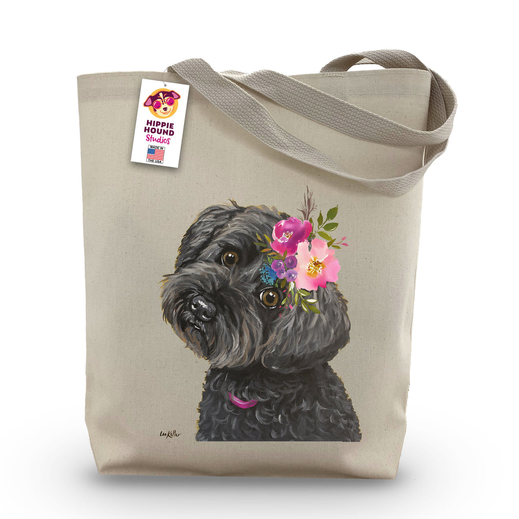 Yorkie Poo Tote Bag, Bright Blooms Flower Crown, Spring Tote Bag
