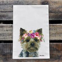 Load image into Gallery viewer, Yorkie Tea Towel, Bright Blooms Flower Crown, Spring Decor
