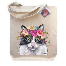 Load image into Gallery viewer, Fluffy Grey Cat Tote Bag, Bright Blooms Flower Crown , Spring Tote Bag
