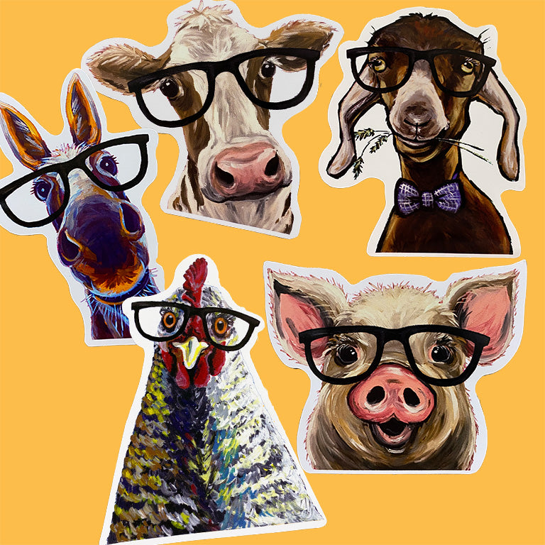 Farm Animals with Glasses Sticker Bundle, 5 Stickers
